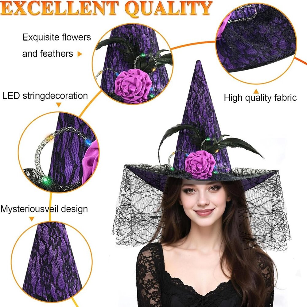 Halloween Witch Hat, Light Up Witch Hats for Women Costume Accessory Cosplay Par - Picture 3 of 7